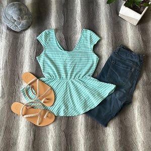 Teal and White Stripped Peplum Top